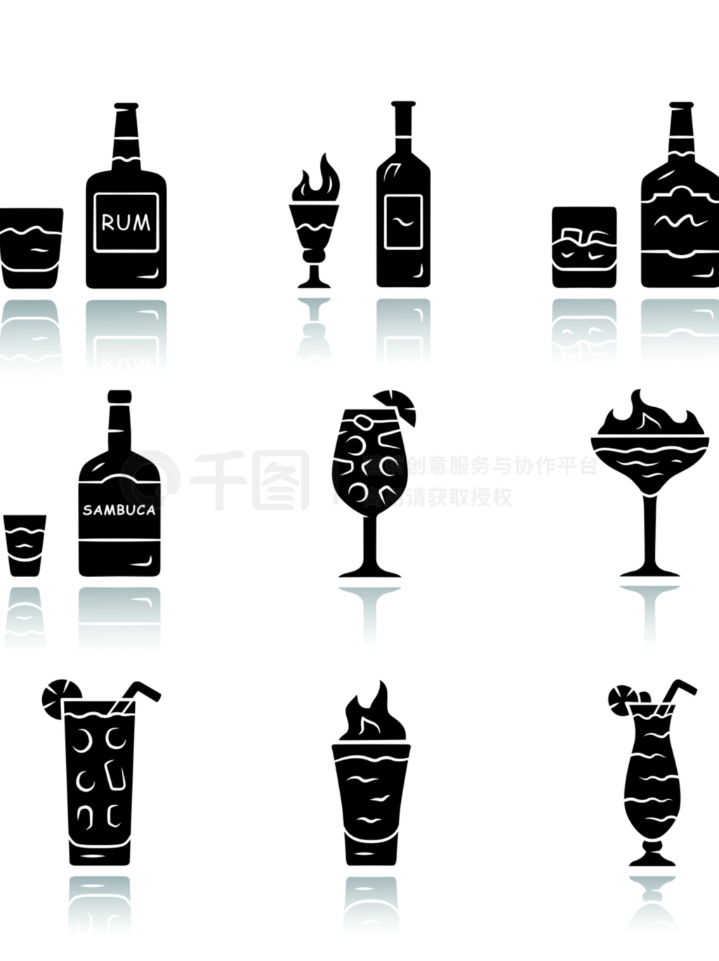 饮料下降阴影黑色标志符号图标设置朗姆酒,苦艾酒,威士忌,桑布卡,桑格利亚汽酒,飓风,烈性鸡尾酒和高弹玻璃杯酒类聚会孤立的矢量插图