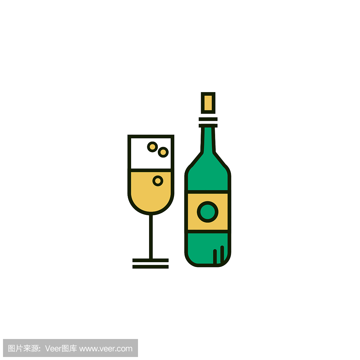 酒瓶和玻璃杯。时髦的扁线图标瓶与软木塞和玻璃充满香槟和香槟气泡。粗体描平线条图标。